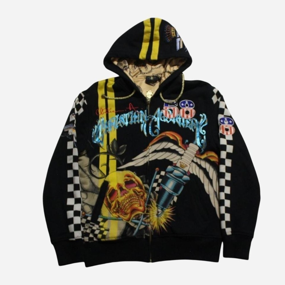 Mens Black VTG Y2K Christian Audigier AOP Rhinestone Zip-up Goth Grunge Hoodie - Picture 2 of 8